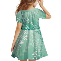 Hawaii Jade Green Kapa Family Matching Off The Shoulder Long Sleeve Dress and Hawaiian Shirt Vintage 'Ohe Kāpala Motifs Mix Plumeria Leis