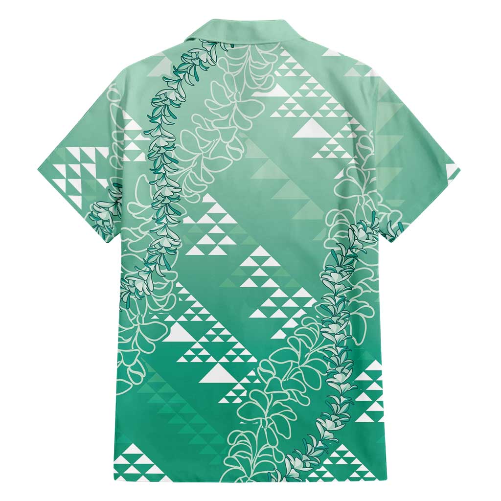 Hawaii Jade Green Kapa Family Matching Off The Shoulder Long Sleeve Dress and Hawaiian Shirt Vintage 'Ohe Kāpala Motifs Mix Plumeria Leis