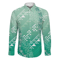 Hawaii Jade Green Kapa Family Matching Off The Shoulder Long Sleeve Dress and Hawaiian Shirt Vintage 'Ohe Kāpala Motifs Mix Plumeria Leis
