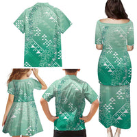 Hawaii Jade Green Kapa Family Matching Puletasi and Hawaiian Shirt Vintage 'Ohe Kāpala Motifs Mix Plumeria Leis