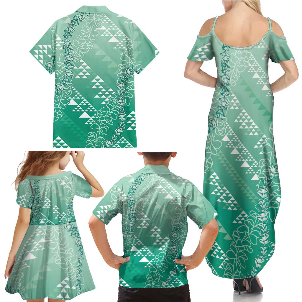 Hawaii Jade Green Kapa Family Matching Summer Maxi Dress and Hawaiian Shirt Vintage 'Ohe Kāpala Motifs Mix Plumeria Leis