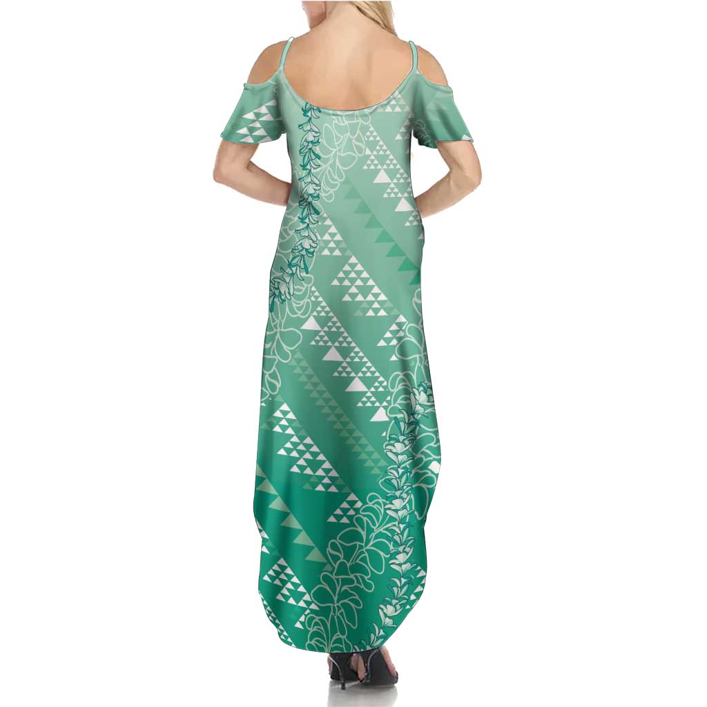 Hawaii Jade Green Kapa Family Matching Summer Maxi Dress and Hawaiian Shirt Vintage 'Ohe Kāpala Motifs Mix Plumeria Leis