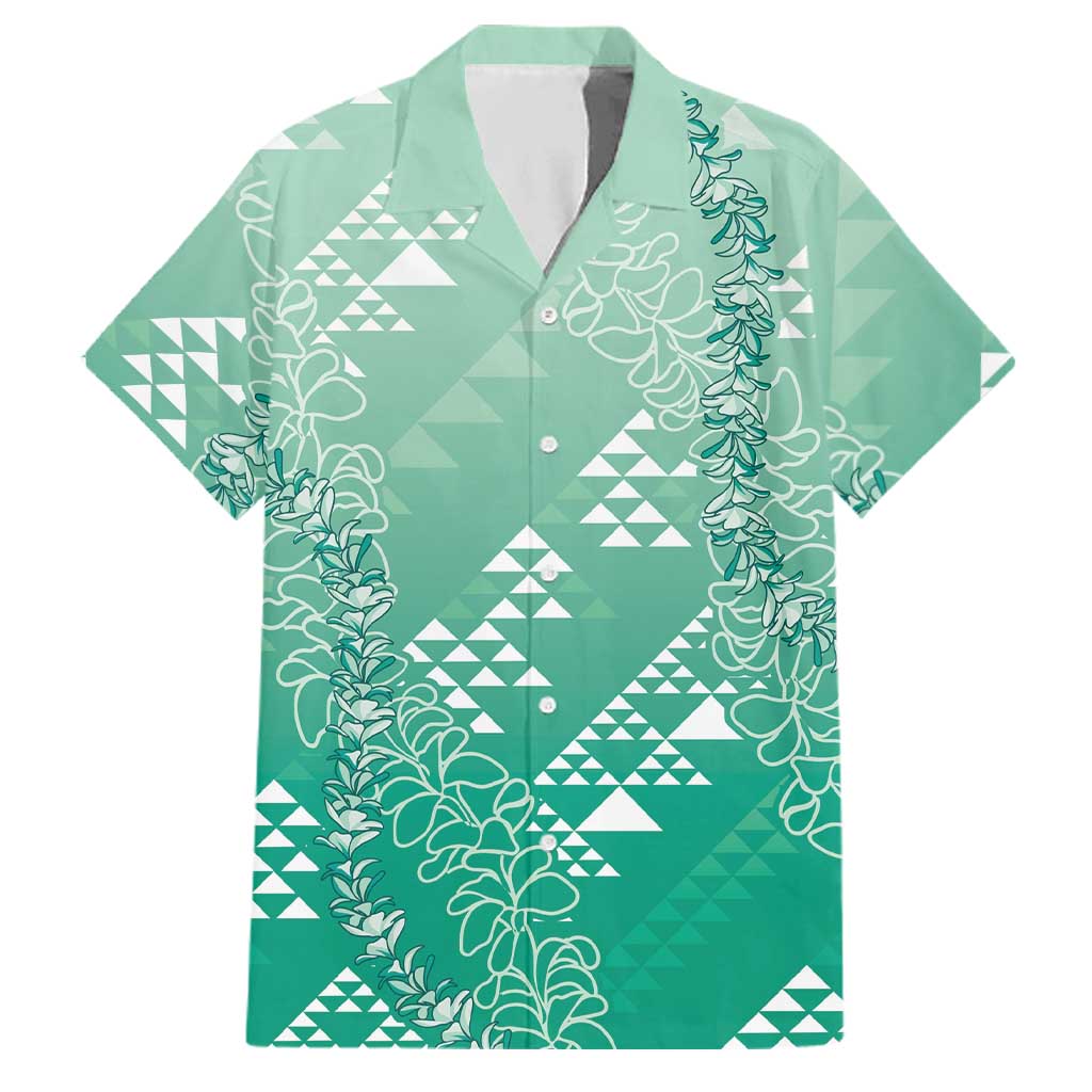 Hawaii Jade Green Kapa Family Matching Tank Maxi Dress and Hawaiian Shirt Vintage 'Ohe Kāpala Motifs Mix Plumeria Leis