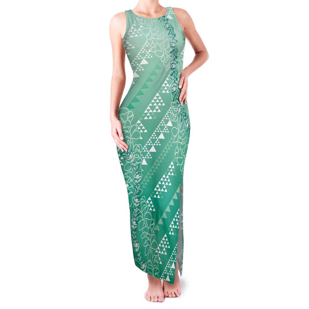 Hawaii Jade Green Kapa Family Matching Tank Maxi Dress and Hawaiian Shirt Vintage 'Ohe Kāpala Motifs Mix Plumeria Leis