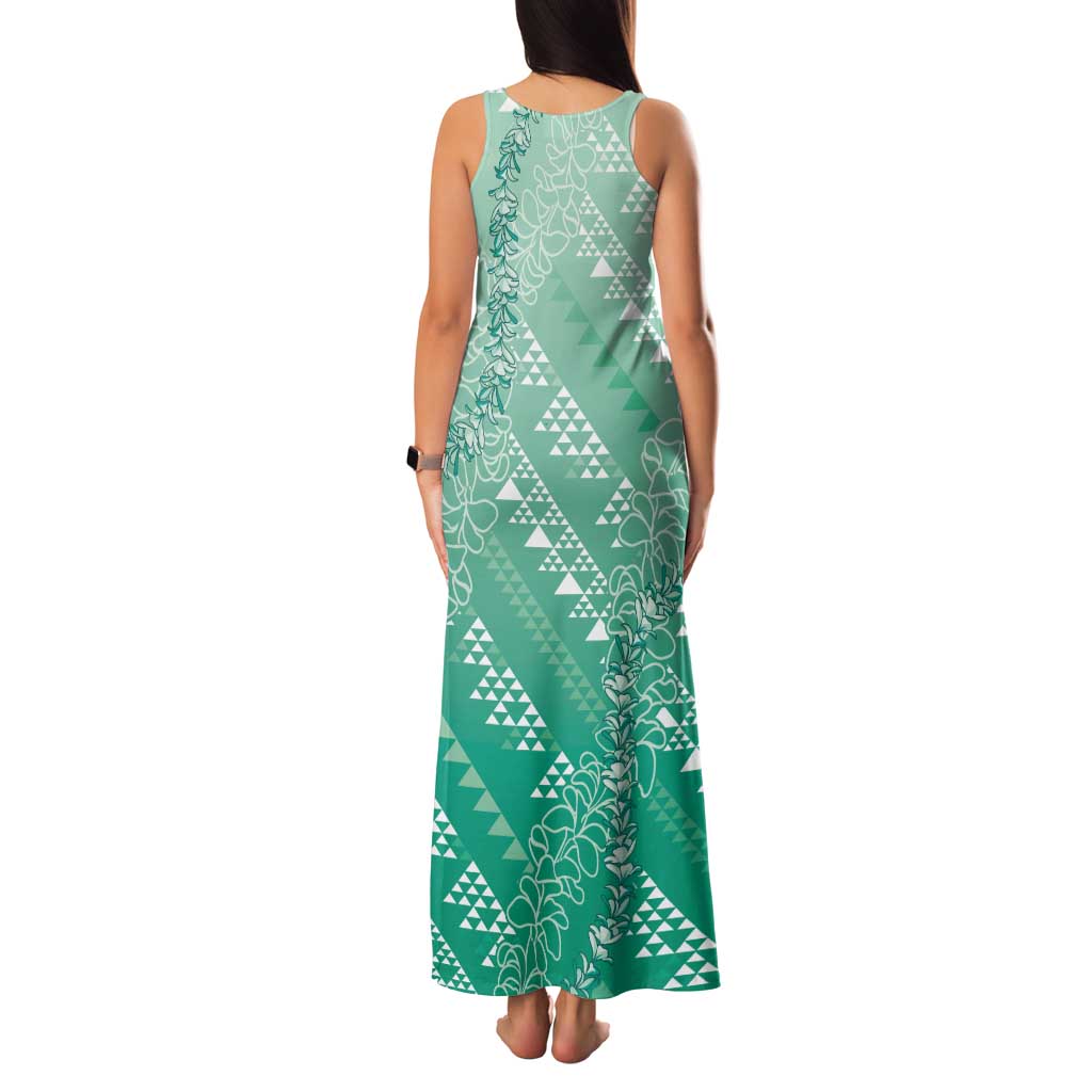 Hawaii Jade Green Kapa Family Matching Tank Maxi Dress and Hawaiian Shirt Vintage 'Ohe Kāpala Motifs Mix Plumeria Leis