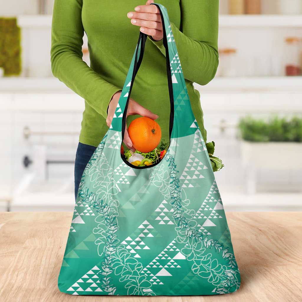 Hawaii Jade Green Kapa Grocery Bag Vintage 'Ohe Kāpala Motifs Mix Plumeria Leis