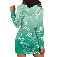 Hawaii Jade Green Kapa Hoodie Dress Vintage 'Ohe Kāpala Motifs Mix Plumeria Leis
