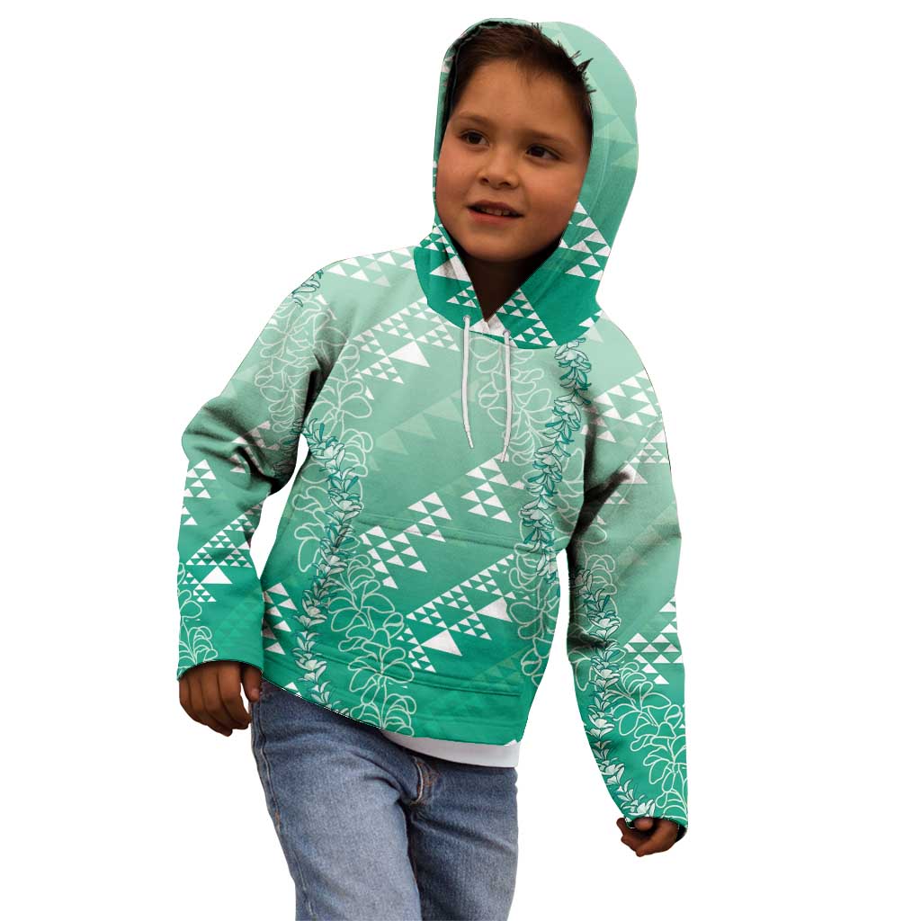 Hawaii Jade Green Kapa Kid Hoodie Vintage 'Ohe Kāpala Motifs Mix Plumeria Leis
