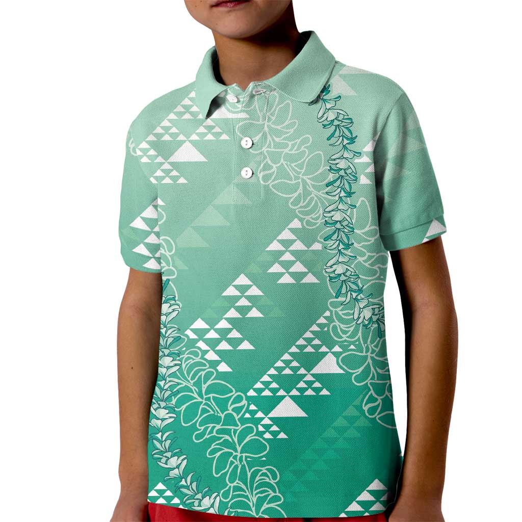 Hawaii Jade Green Kapa Kid Polo Shirt Vintage 'Ohe Kāpala Motifs Mix Plumeria Leis LT7 Kid Jade Green - Polynesian Pride