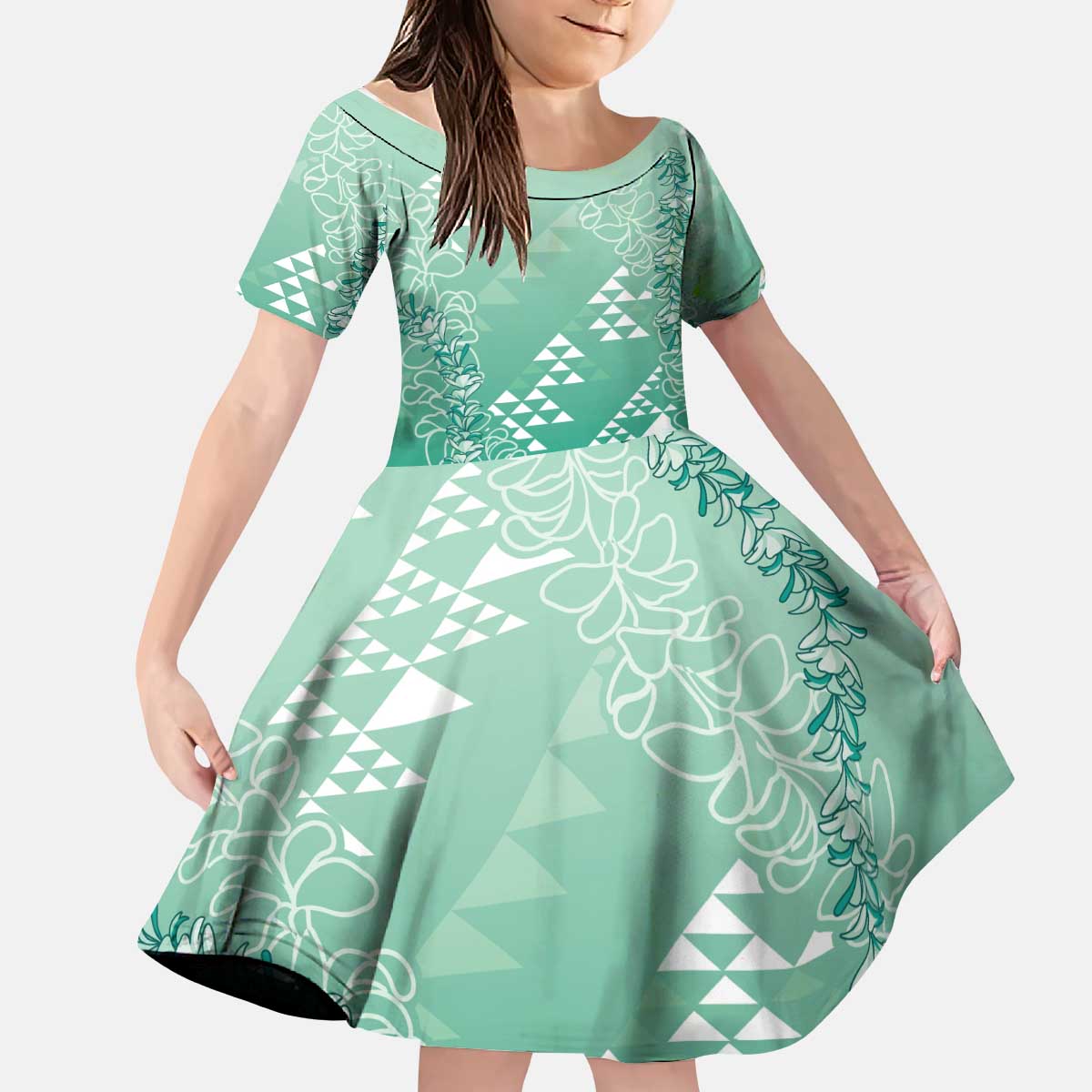 Hawaii Jade Green Kapa Kid Short Sleeve Dress Vintage 'Ohe Kāpala Motifs Mix Plumeria Leis LT7 KID Jade Green - Polynesian Pride