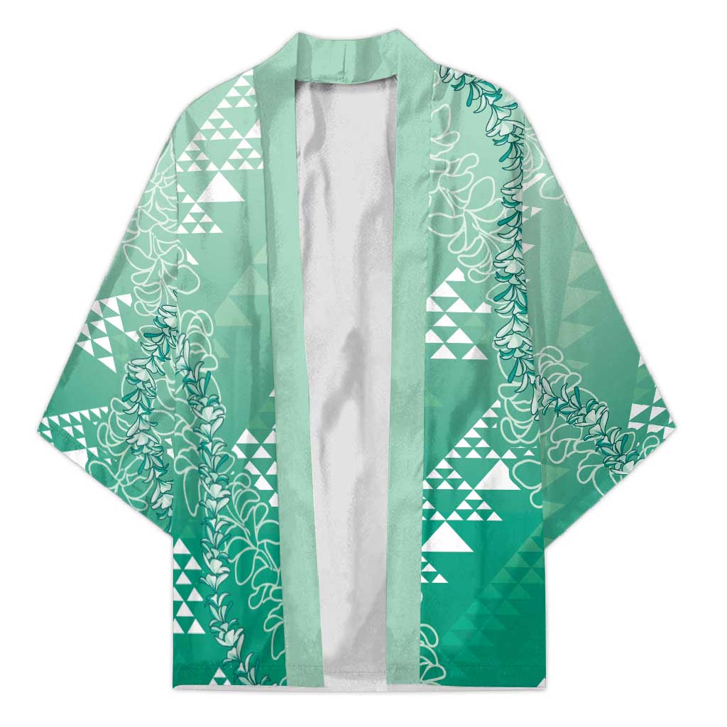 Hawaii Jade Green Kapa Kimono Vintage 'Ohe Kāpala Motifs Mix Plumeria Leis
