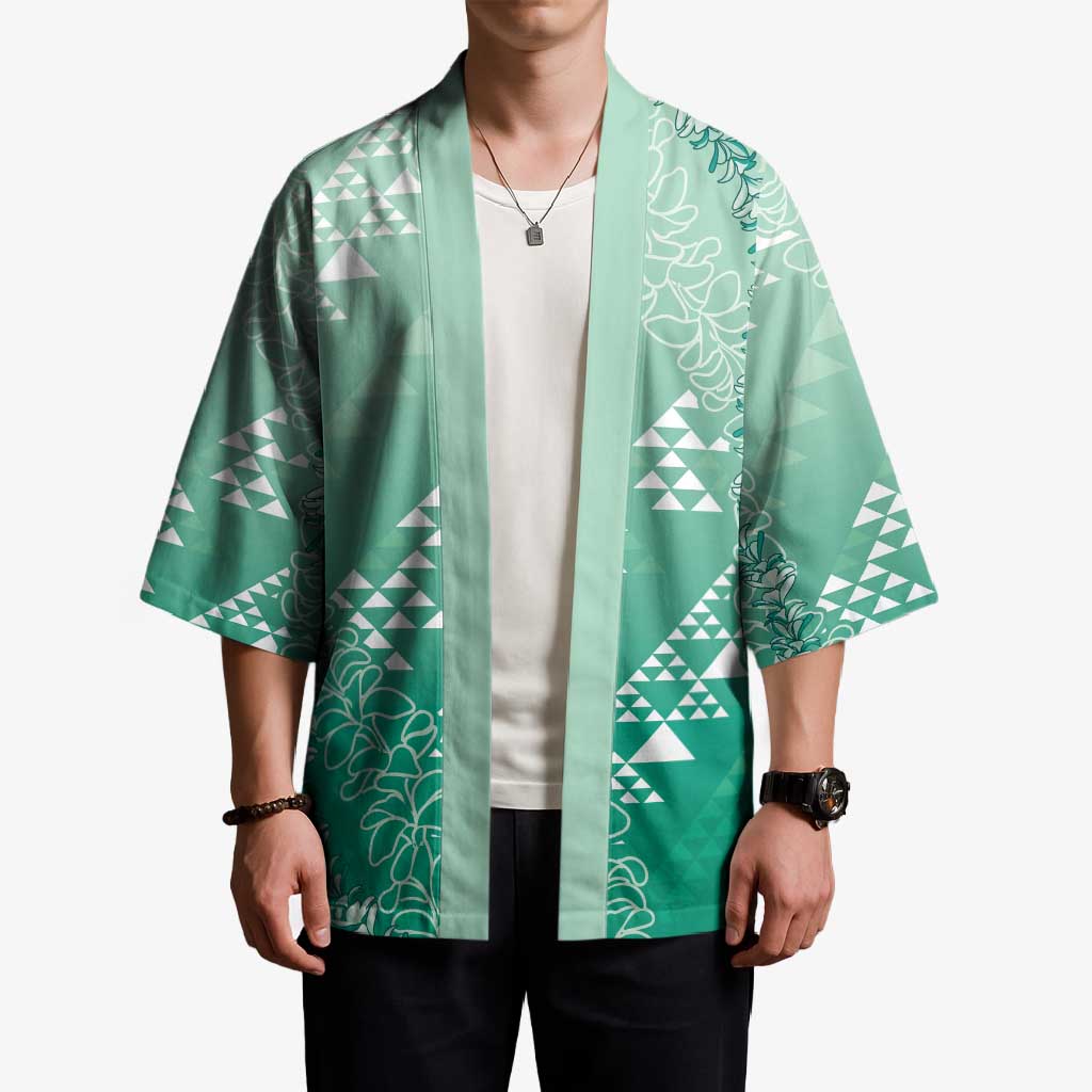 Hawaii Jade Green Kapa Kimono Vintage 'Ohe Kāpala Motifs Mix Plumeria Leis LT7 - Polynesian Pride