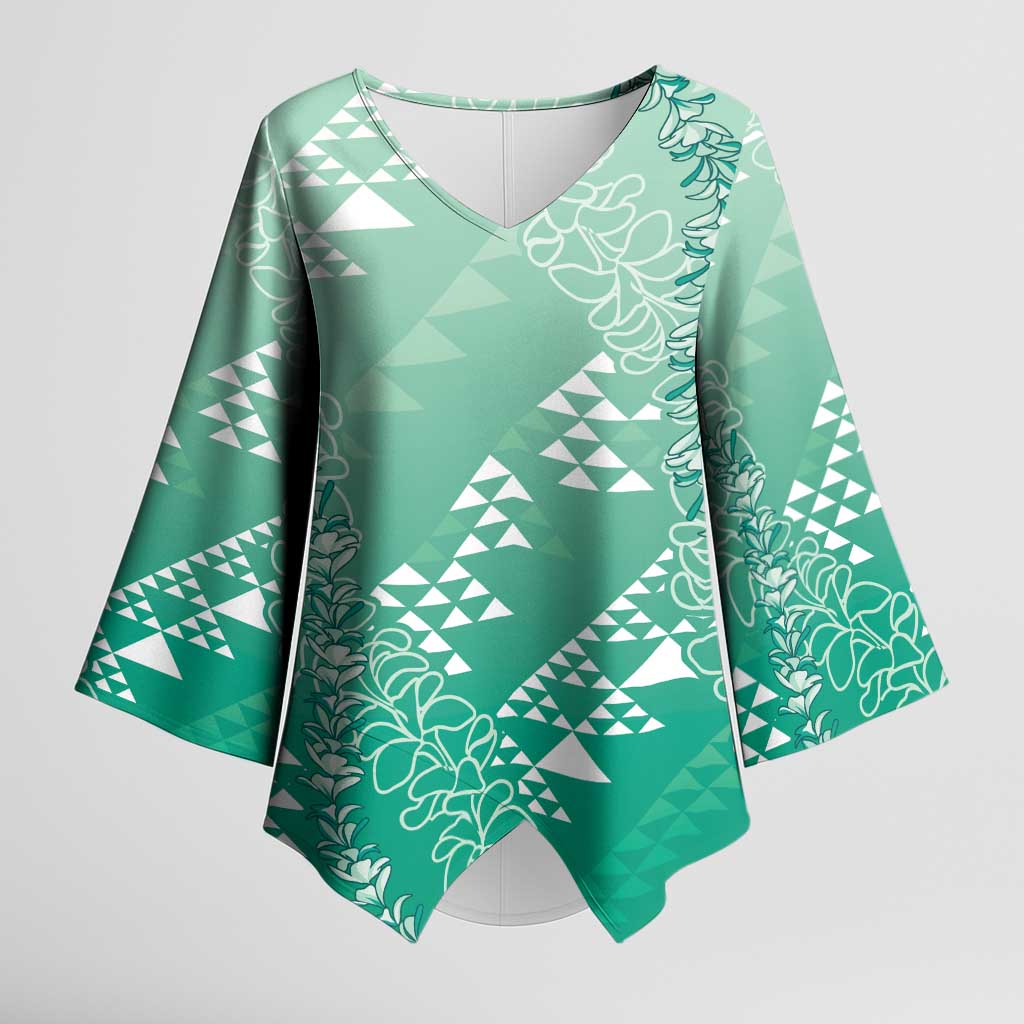 Hawaii Jade Green Kapa Kimono Sleeve Blouse Vintage 'Ohe Kāpala Motifs Mix Plumeria Leis LT7 Female Jade Green - Polynesian Pride