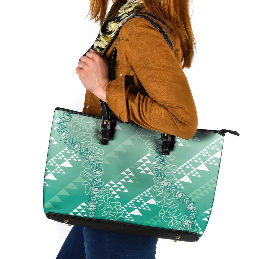 Hawaii Jade Green Kapa Leather Tote Bag Vintage 'Ohe Kāpala Motifs Mix Plumeria Leis LT7 Jade Green - Polynesian Pride