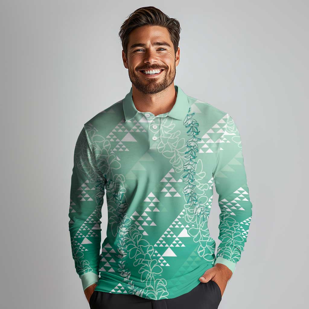 Hawaii Jade Green Kapa Long Sleeve Polo Shirt Vintage 'Ohe Kāpala Motifs Mix Plumeria Leis