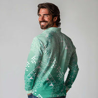Hawaii Jade Green Kapa Long Sleeve Polo Shirt Vintage 'Ohe Kāpala Motifs Mix Plumeria Leis