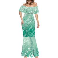 Hawaii Jade Green Kapa Mermaid Dress Vintage 'Ohe Kāpala Motifs Mix Plumeria Leis