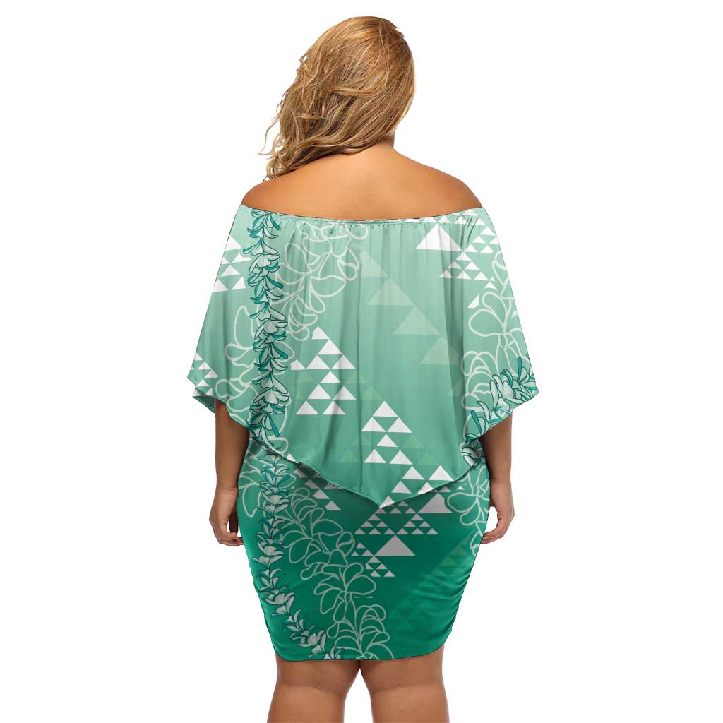 Hawaii Jade Green Kapa Off Shoulder Short Dress Vintage 'Ohe Kāpala Motifs Mix Plumeria Leis