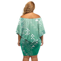 Hawaii Jade Green Kapa Off Shoulder Short Dress Vintage 'Ohe Kāpala Motifs Mix Plumeria Leis