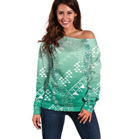 Hawaii Jade Green Kapa Off Shoulder Sweater Vintage 'Ohe Kāpala Motifs Mix Plumeria Leis LT7 Women Jade Green - Polynesian Pride