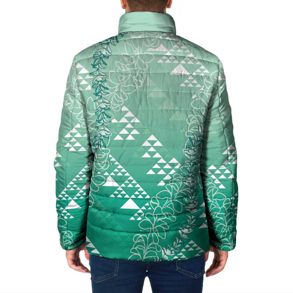 Hawaii Jade Green Kapa Padded Jacket Vintage 'Ohe Kāpala Motifs Mix Plumeria Leis LT7 - Polynesian Pride
