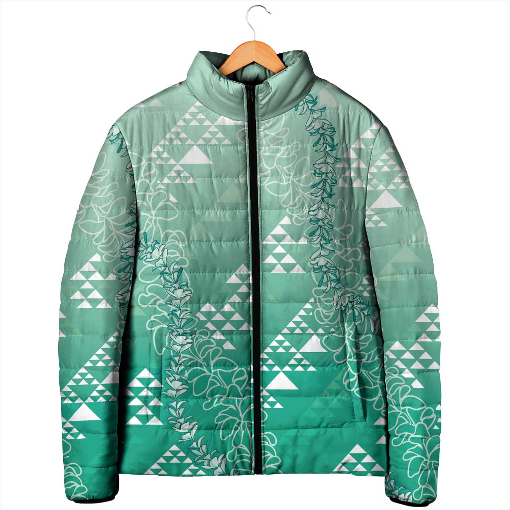 Hawaii Jade Green Kapa Padded Jacket Vintage 'Ohe Kāpala Motifs Mix Plumeria Leis LT7 - Polynesian Pride