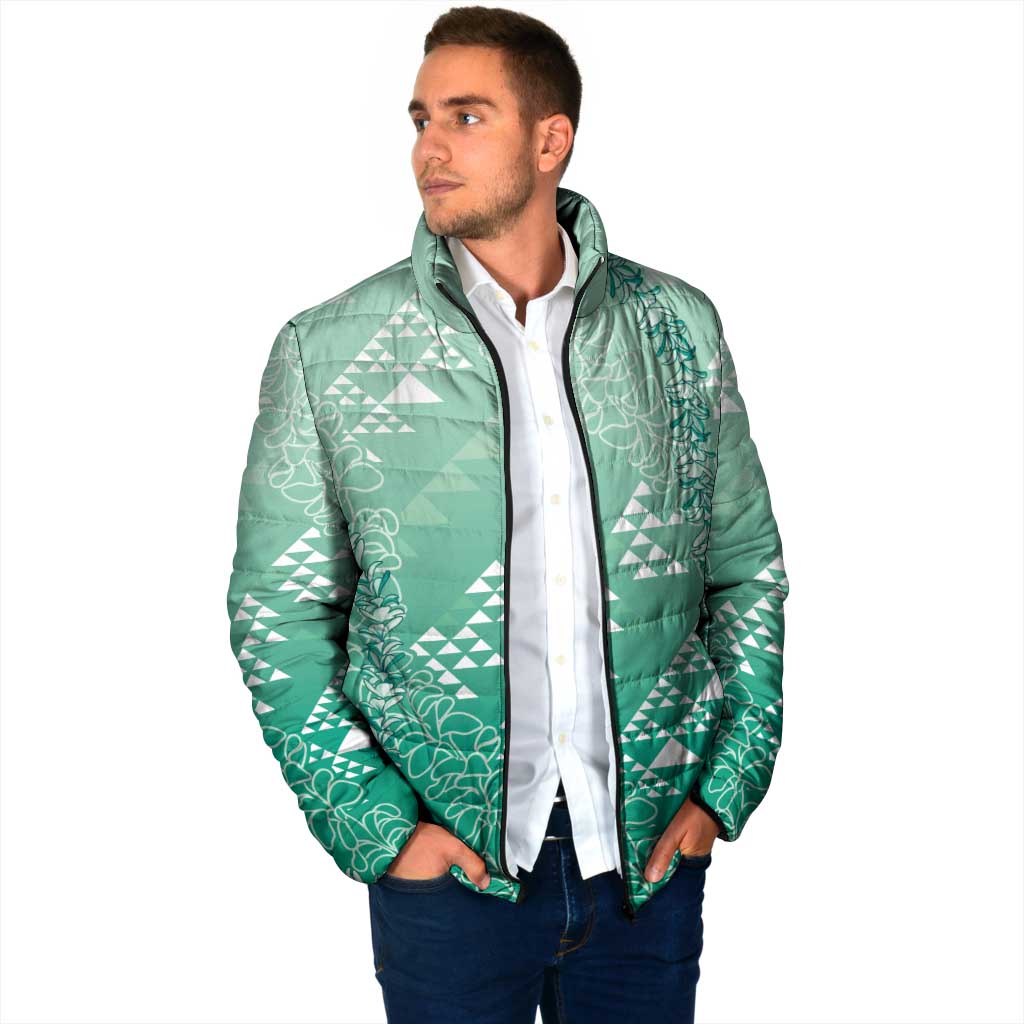 Hawaii Jade Green Kapa Padded Jacket Vintage 'Ohe Kāpala Motifs Mix Plumeria Leis LT7 - Polynesian Pride