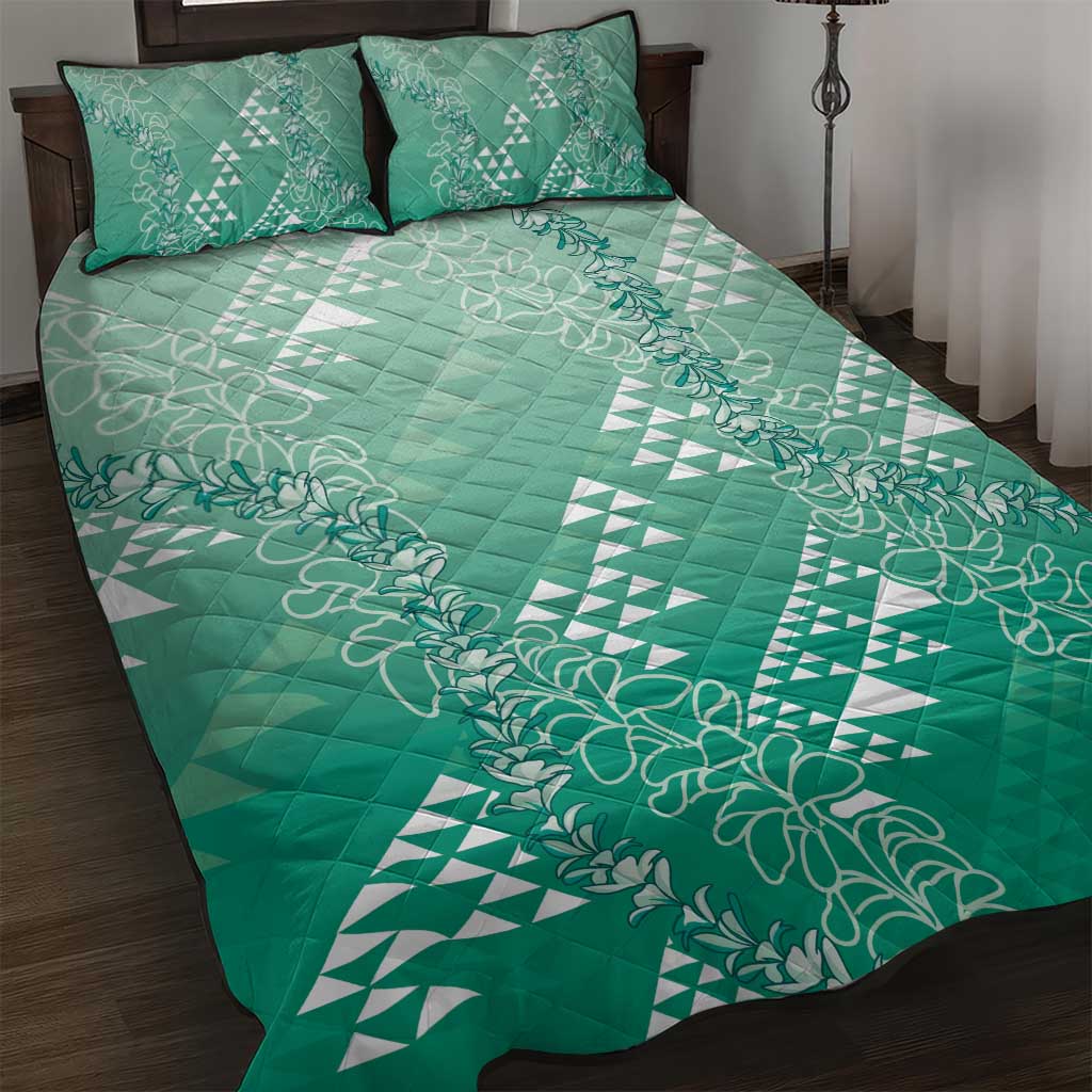 Hawaii Jade Green Kapa Quilt Bed Set Vintage 'Ohe Kāpala Motifs Mix Plumeria Leis LT7 Jade Green - Polynesian Pride