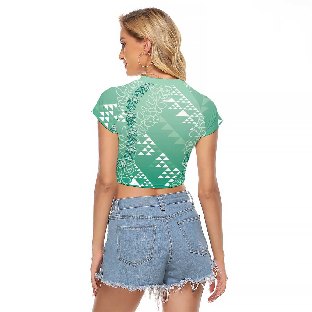 Hawaii Jade Green Kapa Raglan Cropped T Shirt Vintage 'Ohe Kāpala Motifs Mix Plumeria Leis