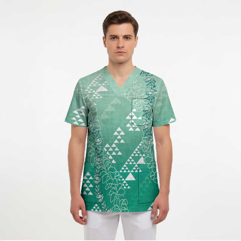 Hawaii Jade Green Kapa Scrub Top Vintage 'Ohe Kāpala Motifs Mix Plumeria Leis LT7 - Polynesian Pride