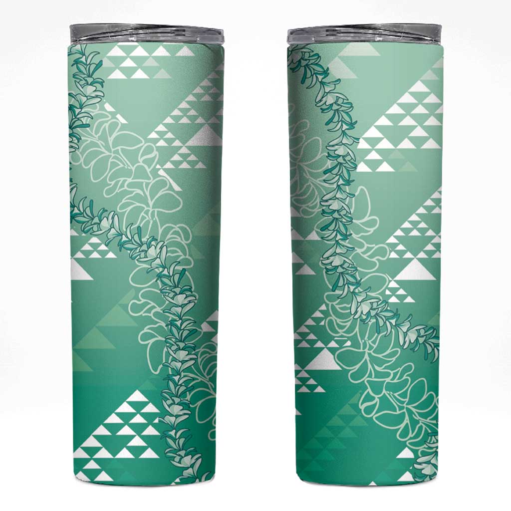 Hawaii Jade Green Kapa Skinny Tumbler Vintage 'Ohe Kāpala Motifs Mix Plumeria Leis