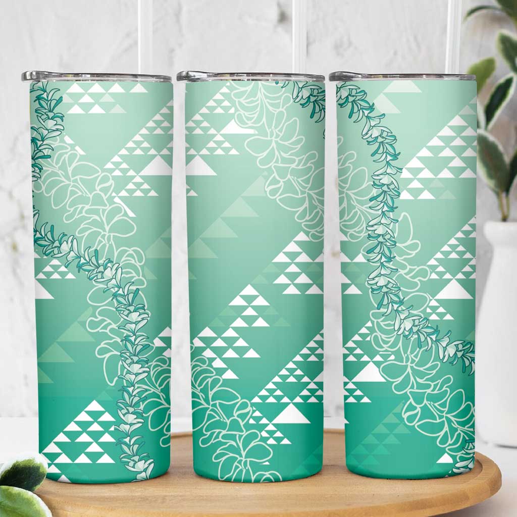 Hawaii Jade Green Kapa Skinny Tumbler Vintage 'Ohe Kāpala Motifs Mix Plumeria Leis