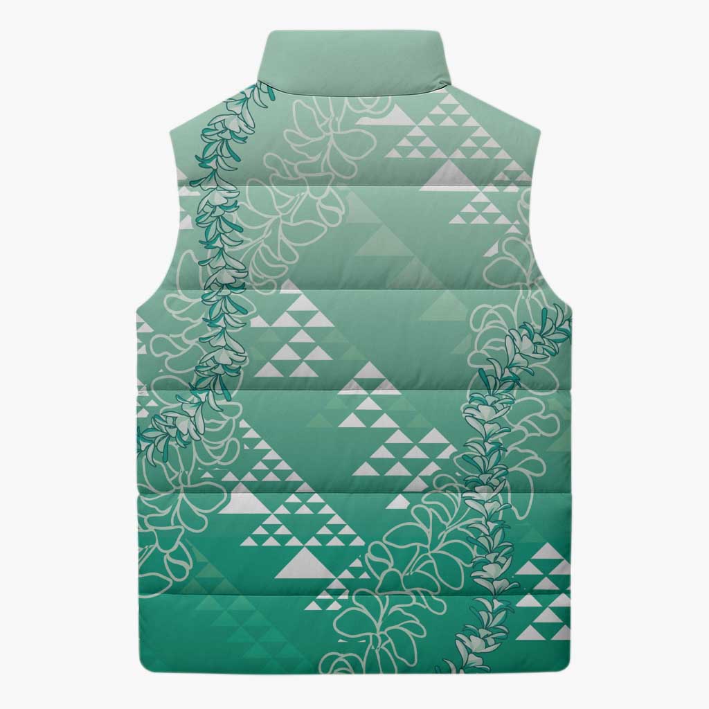 Hawaii Jade Green Kapa Sleeveless Puffer Jacket Vintage 'Ohe Kāpala Motifs Mix Plumeria Leis LT7 - Polynesian Pride