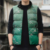 Hawaii Jade Green Kapa Sleeveless Puffer Jacket Vintage 'Ohe Kāpala Motifs Mix Plumeria Leis LT7 - Polynesian Pride