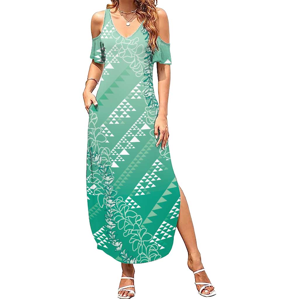 Hawaii Jade Green Kapa Summer Maxi Dress Vintage 'Ohe Kāpala Motifs Mix Plumeria Leis LT7 Women Jade Green - Polynesian Pride