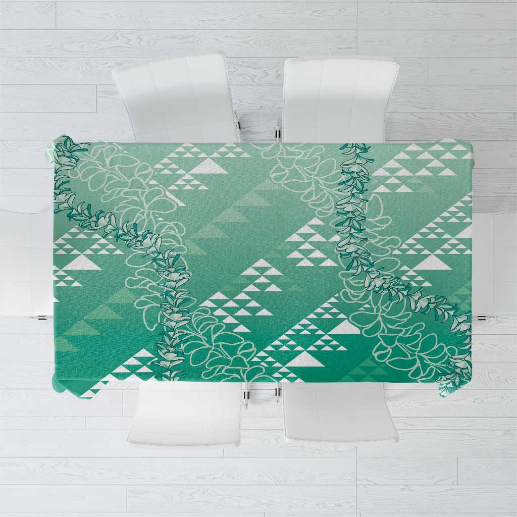 Hawaii Jade Green Kapa Tablecloth Vintage 'Ohe Kāpala Motifs Mix Plumeria Leis