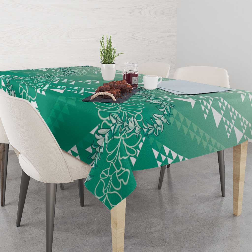 Hawaii Jade Green Kapa Tablecloth Vintage 'Ohe Kāpala Motifs Mix Plumeria Leis