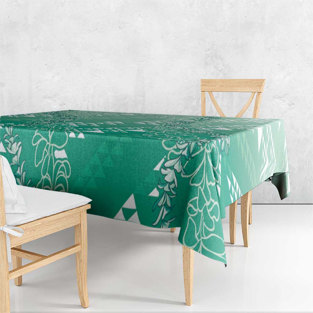 Hawaii Jade Green Kapa Tablecloth Vintage 'Ohe Kāpala Motifs Mix Plumeria Leis