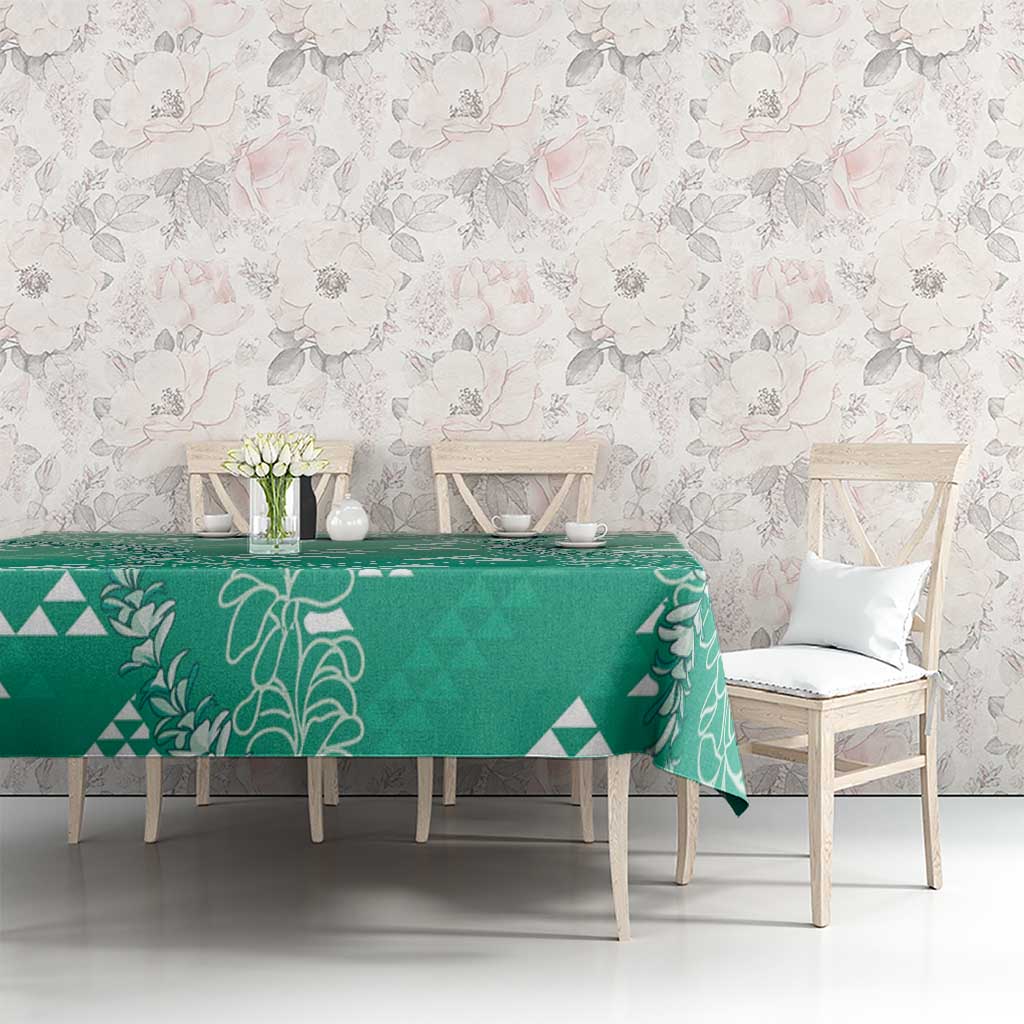 Hawaii Jade Green Kapa Tablecloth Vintage 'Ohe Kāpala Motifs Mix Plumeria Leis