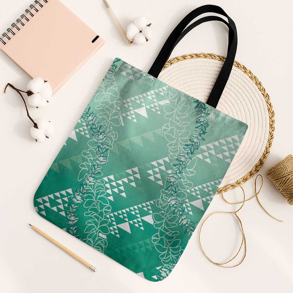 Hawaii Jade Green Kapa Tote Bag Vintage 'Ohe Kāpala Motifs Mix Plumeria Leis LT7 Black Strap One Size Jade Green - Polynesian Pride