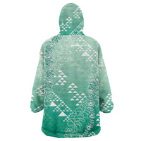 Hawaii Jade Green Kapa Wearable Blanket Hoodie Vintage 'Ohe Kāpala Motifs Mix Plumeria Leis