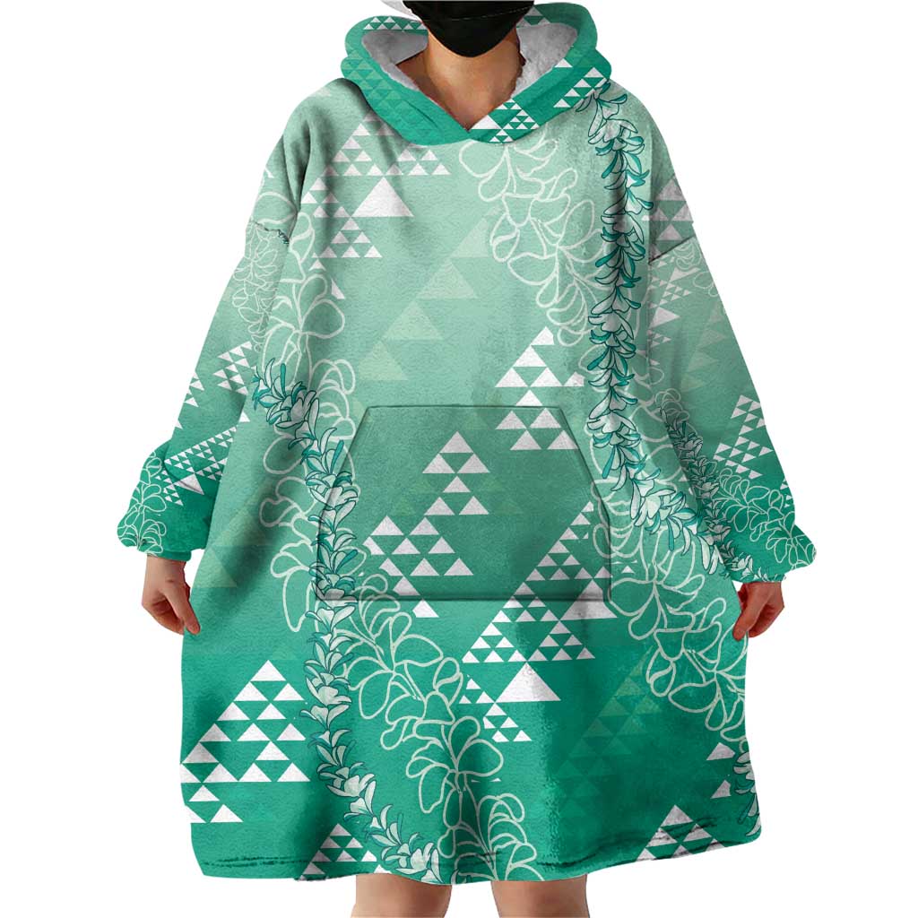 Hawaii Jade Green Kapa Wearable Blanket Hoodie Vintage 'Ohe Kāpala Motifs Mix Plumeria Leis