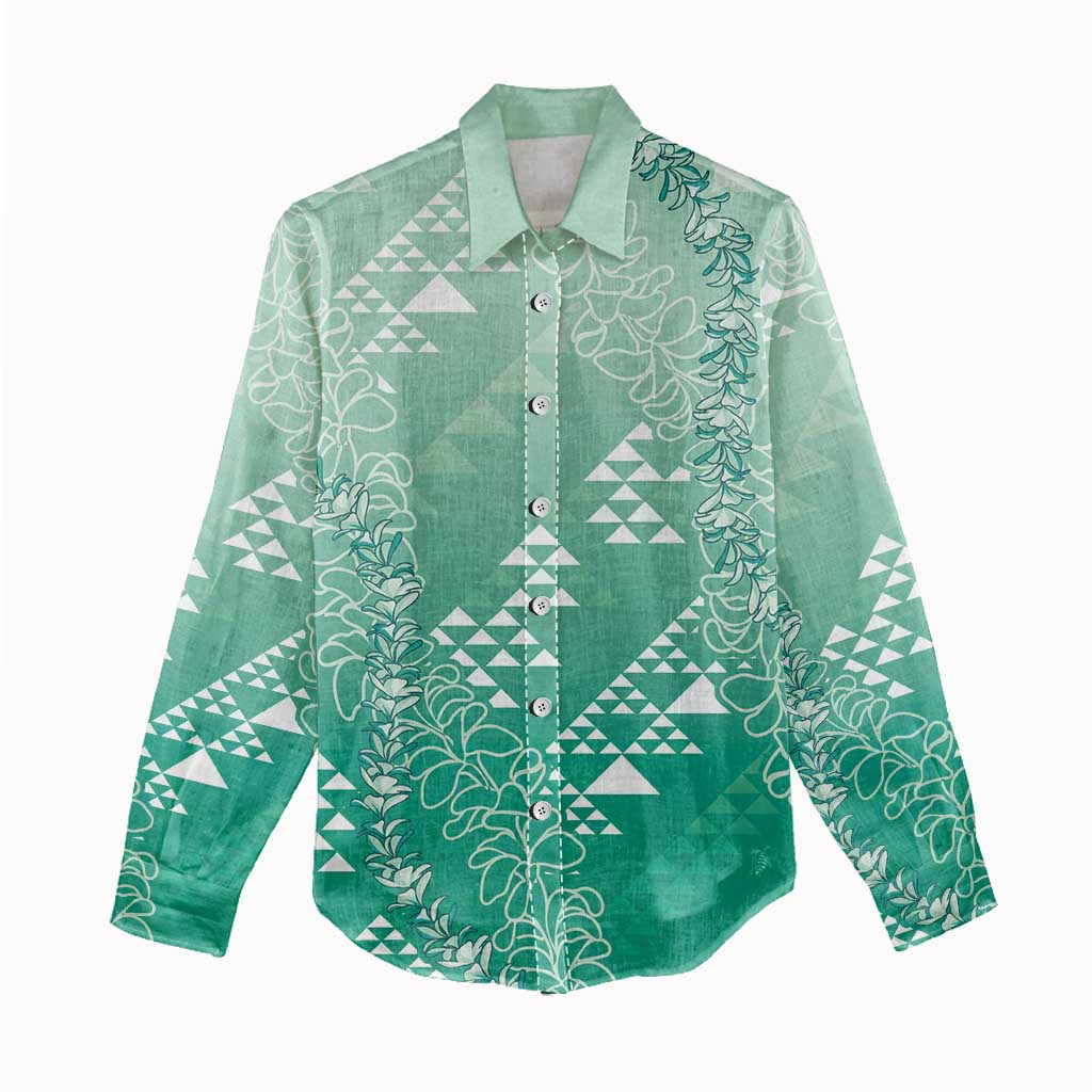Hawaii Jade Green Kapa Women Casual Shirt Vintage 'Ohe Kāpala Motifs Mix Plumeria Leis