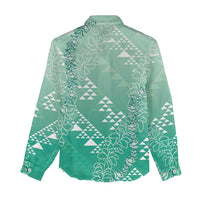 Hawaii Jade Green Kapa Women Casual Shirt Vintage 'Ohe Kāpala Motifs Mix Plumeria Leis