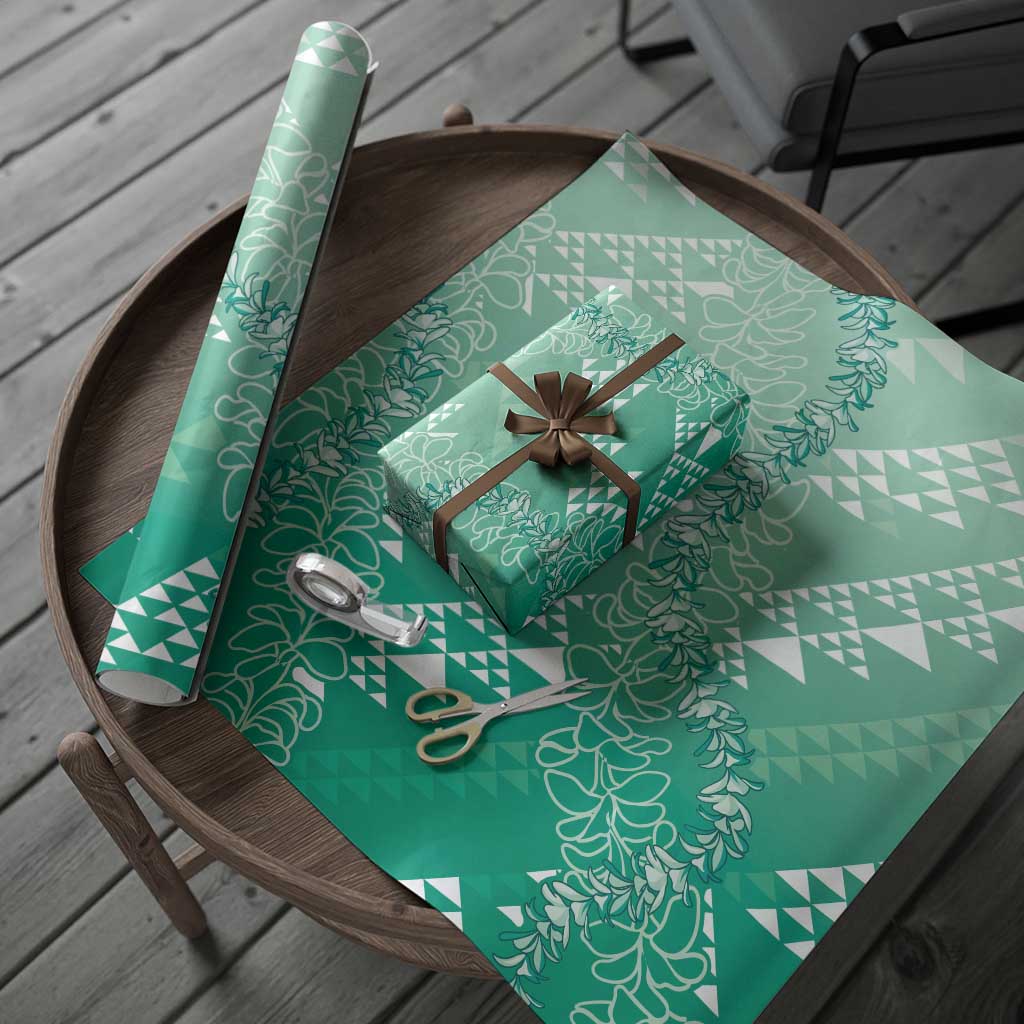 Hawaii Kapa Vintage Motifs Mix Plumeria Leis Wrapping Paper Jade Green LT7 - Polynesian Pride