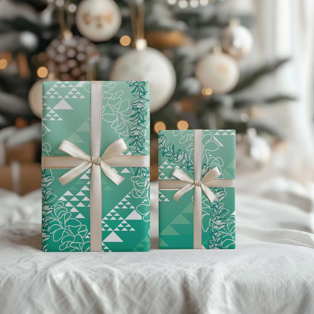 Hawaii Kapa Vintage Motifs Mix Plumeria Leis Wrapping Paper Jade Green LT7 - Polynesian Pride