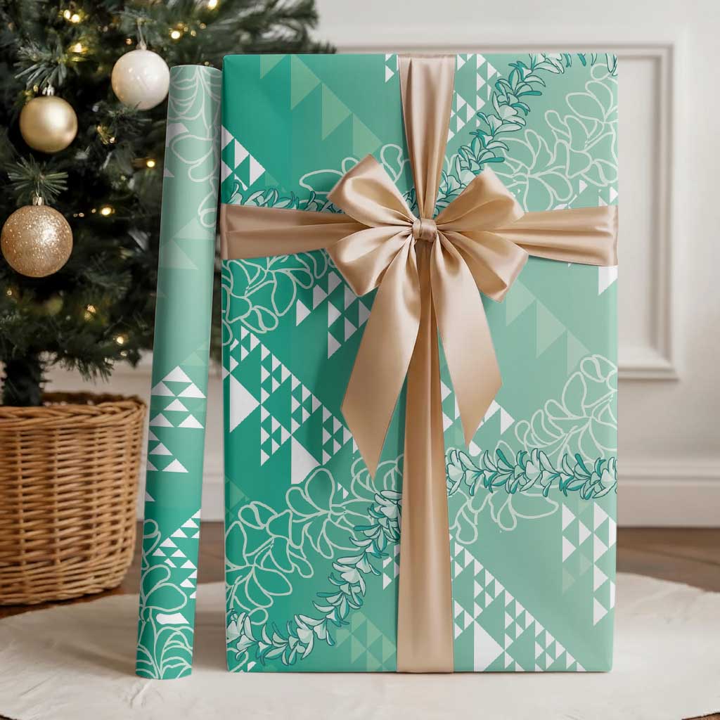 Hawaii Kapa Vintage Motifs Mix Plumeria Leis Wrapping Paper Jade Green LT7 - Polynesian Pride