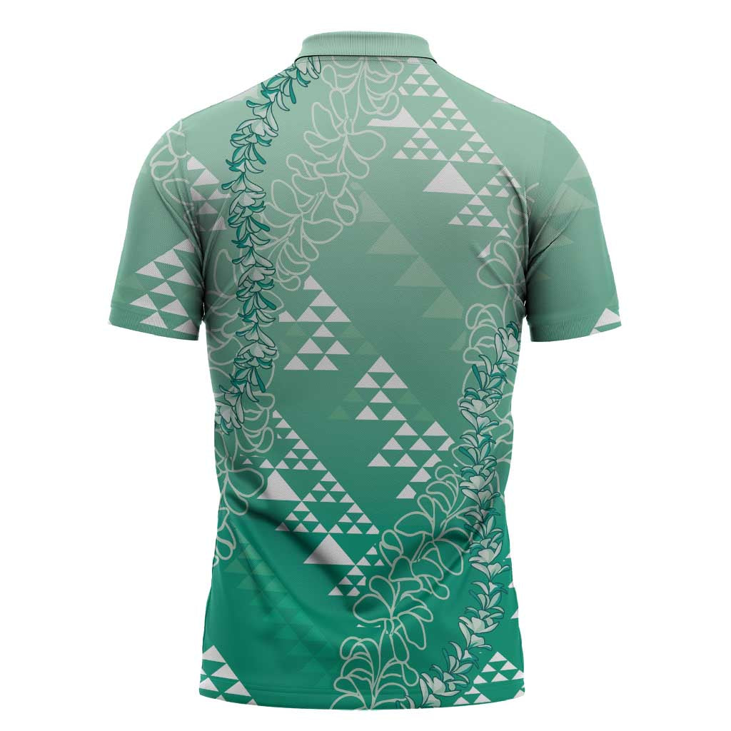 Hawaii Jade Green Kapa Zipper Polo Shirt Vintage 'Ohe Kāpala Motifs Mix Plumeria Leis