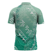 Hawaii Jade Green Kapa Zipper Polo Shirt Vintage 'Ohe Kāpala Motifs Mix Plumeria Leis