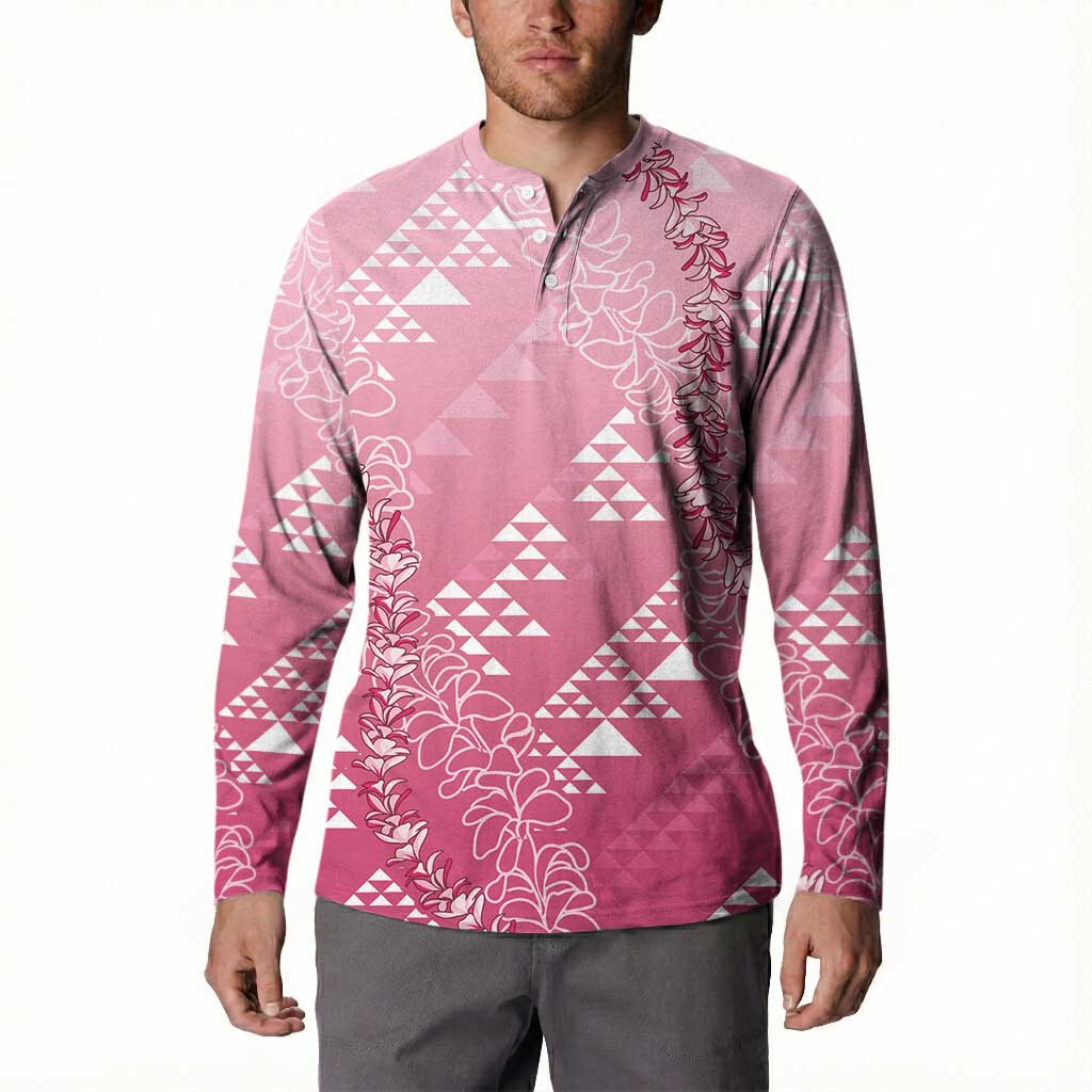 Hawaii Rose Pink Kapa Button Sweatshirt Vintage 'Ohe Kāpala Motifs Mix Plumeria Leis LT7 - Polynesian Pride